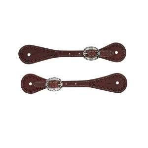Youth Hand Tooled Triangle Border Spur Straps, Chestnut